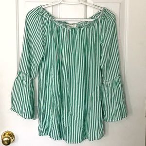 Green & white striped off shoulder bell sleeve top